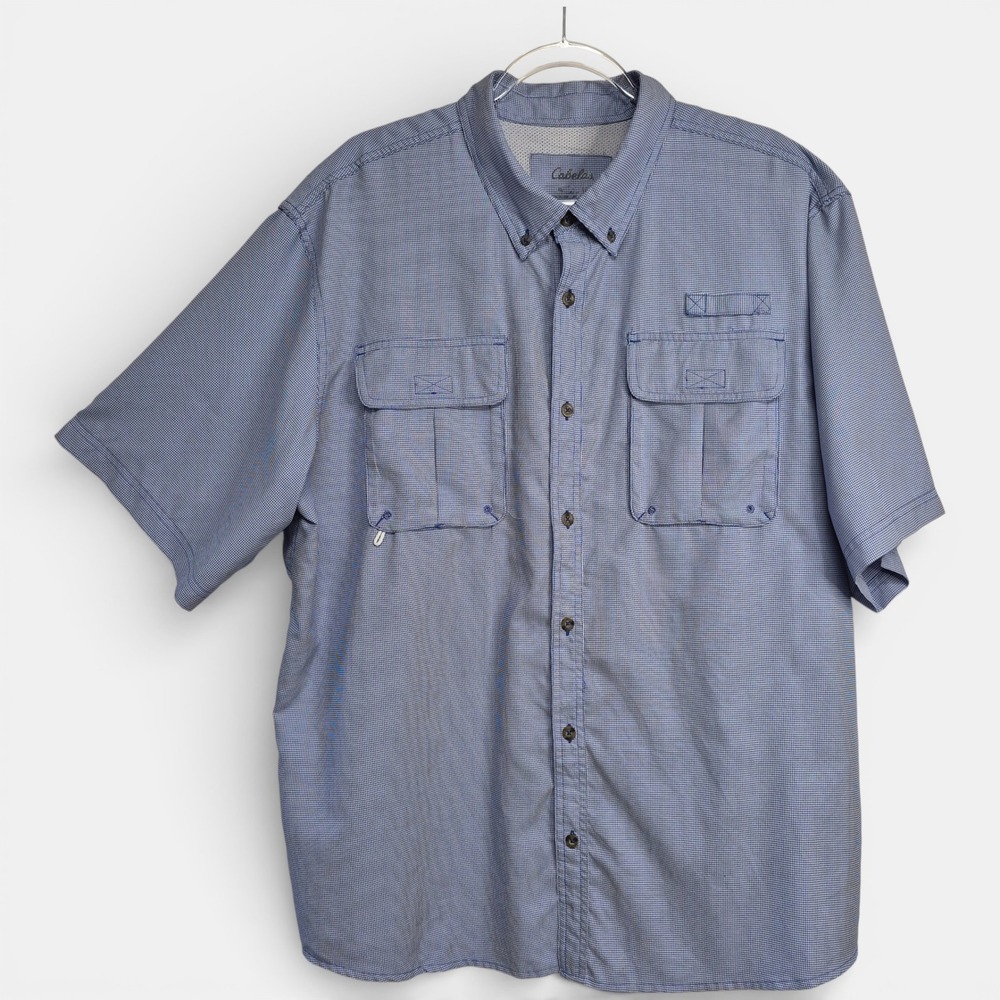 Cabelas Guidewear Mens XL Blue Gingham Fishing Shirt Short Sleeve UPF 50 Vented